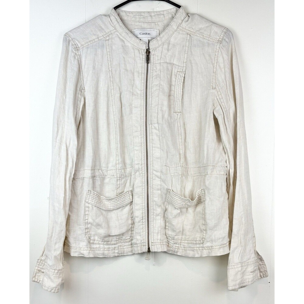 Caslon Women's Small 100% Linen Jacket Lightweight  Beige Cream Coastal Luxury